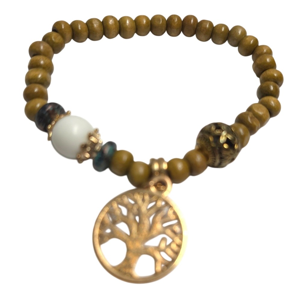 Tree‎ of Life Charm Stretch Beaded Bracelet Unisex OS Brown Wooden Boho Goldtone